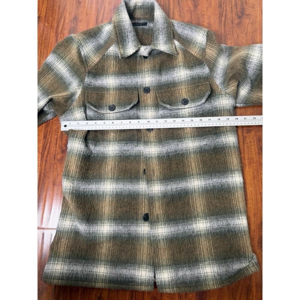 All Saints Shirt Mens SZ S Green Gray Brown Plaid Tremont Relaxed Fit Wool Blend - Picture 5 of 7